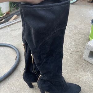Black Suede Knee-High Heeled Boots